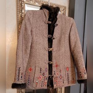 Icelandic Design wool blend coat, brown with embroidered designs and faux fur.